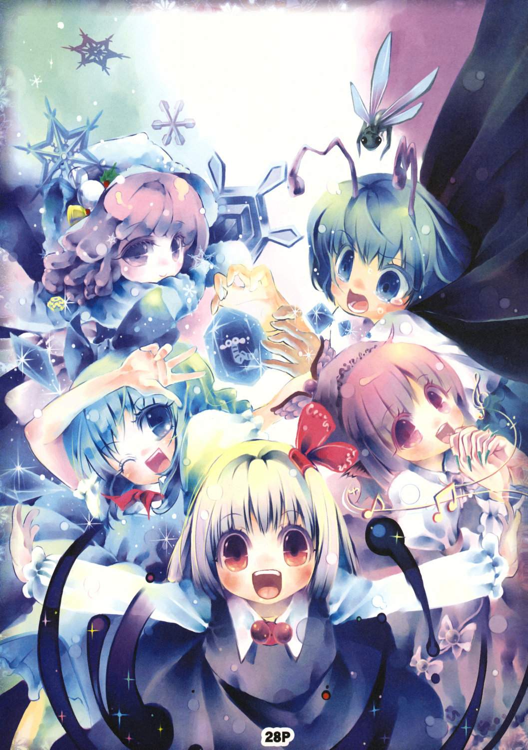 antennae artist_request beamed_eighth_notes blonde_hair blue_eyes blue_hair bow bug cirno closed_eyes darkness eighth_note green_hair hair_bow hands_clasped highres ice insect letty_whiterock looking_at_viewer multiple_girls music musical_note mystia_lorelei nervous no_nose one_eye_closed open_mouth outstretched_arms own_hands_together pink_eyes pink_hair red_eyes rumia scan short_hair singing snowflakes spread_arms team_9 touhou treble_clef v wriggle_nightbug