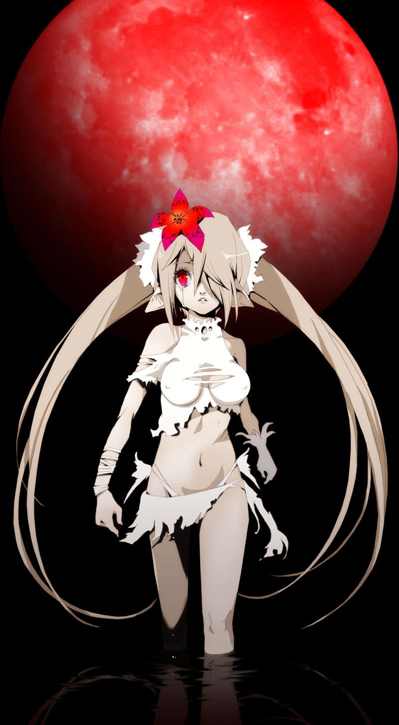 breasts cleavage_cutout covered_nipples flower full_moon gloves grey_hair hair_flower hair_ornament hair_over_one_eye highres large_breasts long_hair midriff moon navel original red_eyes red_moon single_glove skirt solo soutatsu tears torn_clothes turtleneck twintails very_long_hair wading water