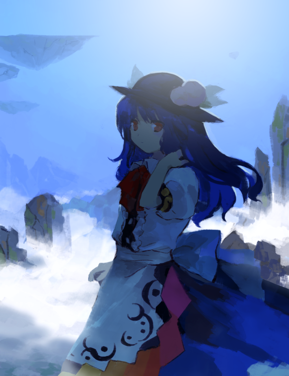 1girl apron black_headwear blue_hair blue_skirt blue_sky center_frills closed_mouth collared_shirt commentary_request day frills hand_in_own_hair hat highres hinanawi_tenshi kaigen_1025 long_hair neck_ribbon puffy_short_sleeves puffy_sleeves red_eyes red_ribbon ribbon shirt short_sleeves skirt sky solo touhou waist_apron white_apron white_shirt