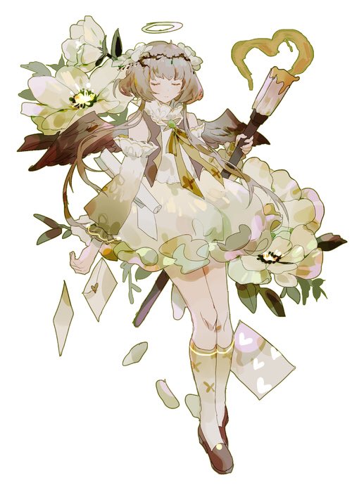 1girl anemone_(flower) angel angel_wings bare_shoulders blonde_hair bow bowtie brown_footwear brown_sleeves brown_socks brown_vest brown_wings bubble_skirt closed_eyes closed_mouth collar collared_dress commentary cross_print detached_sleeves dress expressionless flower frilled_collar frilled_dress frilled_sleeves frills full_body gradient_legwear gradient_sleeves hair_flower hair_ornament halo heart high_collar holding holding_paintbrush kneehighs leaf lobelia_(saclia) long_sleeves love_letter open_clothes open_vest original paint paintbrush petals puffy_long_sleeves puffy_sleeves shoes short_dress short_hair_with_long_locks sidelocks simple_background skirt sleeveless sleeveless_dress socks solo thorns vest white_background white_collar white_dress white_flower white_sleeves white_socks wings yellow_bow yellow_bowtie