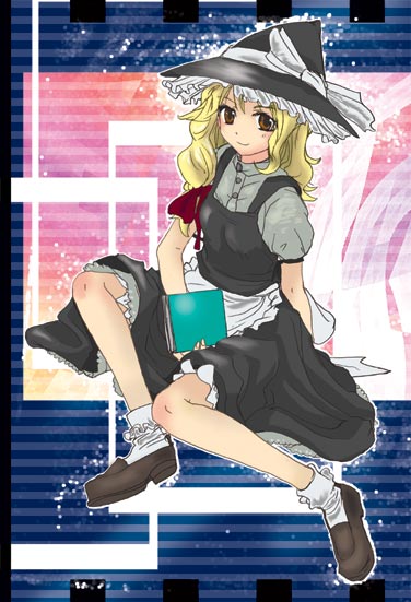 apron black_skirt blonde_hair bobby_socks book brown_eyes brown_footwear eyebrows full_body hair_ribbon hat hat_ribbon kirisame_marisa looking_at_viewer nanami_sano puffy_short_sleeves puffy_sleeves ribbon shoes short_sleeves skirt skirt_lift socks solo touhou tress_ribbon vest white_legwear white_ribbon witch_hat