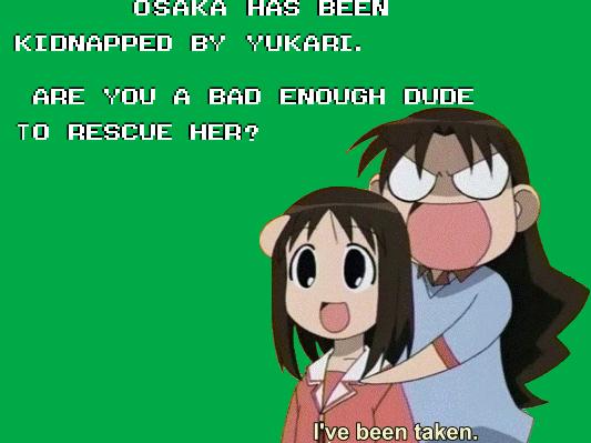 2girls age_difference azumanga_daiou bad_dudes dragonninja engrish green_background kasuga_ayumu long_hair multiple_girls open_mouth parody ranguage short_hair simple_background subtitled tanizaki_yukari teacher teacher_and_student text