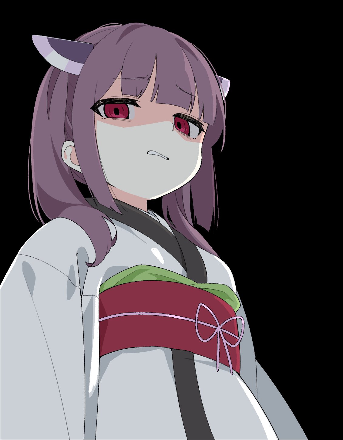 1girl bags_under_eyes black_background blunt_bangs disdain empty_eyes from_below furrowed_brow hair_over_shoulder half-closed_eyes headgear highres japanese_clothes kimono konori_(ahurerukuiizi) long_hair looking_at_viewer looking_down obi obijime purple_hair red_eyes sash scowl shaded_face simple_background solo touhoku_kiritan twintails upper_body voiceroid white_kimono