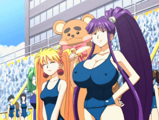 animated animated_gif banana big_hair bouncing_breasts breasts covered_nipples eiken food fruit grace_lin huge_breasts impossible_clothes impossible_shirt lowres misono_kirika multiple_girls one-piece_swimsuit purple_hair school_swimsuit shirt swimsuit unaligned_breasts