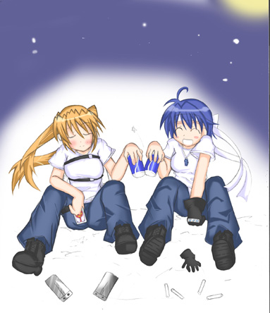 :d ^_^ ^o^ ahoge androgynous artist_request blue_hair blush brown_hair can closed_eyes denim drink floating_hair full_body grin holding jeans lowres lyrical_nanoha mahou_shoujo_lyrical_nanoha_strikers multiple_girls open_mouth pants shirt short_hair short_sleeves smile soda_can subaru_nakajima teana_lanster teeth twintails white_shirt wind