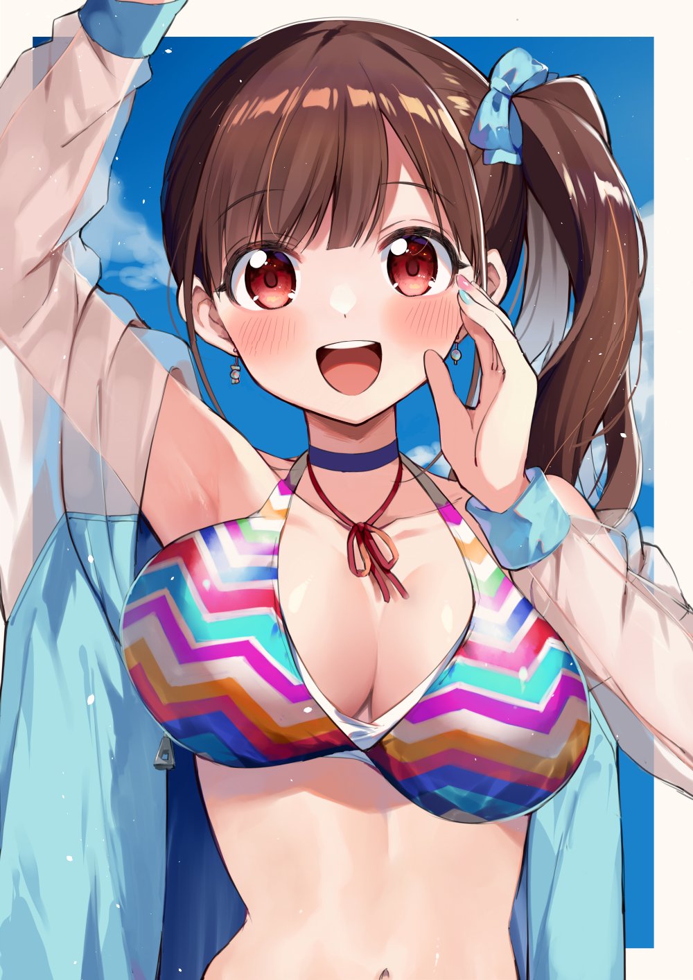 1girl alternate_hairstyle arm_up armpits bare_shoulders beeftanizoko bikini blue_choker blue_ribbon blue_sky border bow breasts brown_hair choker cleavage cloud collarbone day dot_nose earrings green_nails hair_bow hair_ribbon hand_up highres idolmaster idolmaster_shiny_colors jacket jewelry large_breasts long_hair long_sleeves looking_at_viewer multicolored_bikini multicolored_clothes multicolored_nails nail_polish navel neck_ribbon open_clothes open_jacket open_mouth outside_border pink_nails red_eyes red_ribbon ribbon see-through see-through_jacket see-through_sleeves side_ponytail sky smile solo sonoda_chiyoko swimsuit teeth upper_body upper_teeth_only white_border zipper_pull_tab