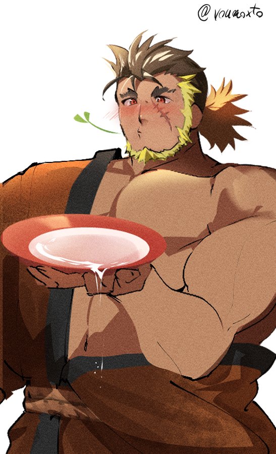 1boy ai_manato another_eidos-r bara bare_pectorals beard blonde_hair blush cowboy_shot cup drunk facial_hair full_beard hadanugi_dousa holding holding_cup japanese_clothes jinnosuke_(another_eidos) kimono large_pectorals male_focus mouth_hold multicolored_hair muscular muscular_male new_year orange_kimono pectorals sakazuki scar_on_head solo spilling stalk_in_mouth thick_beard thick_eyebrows two-tone_hair