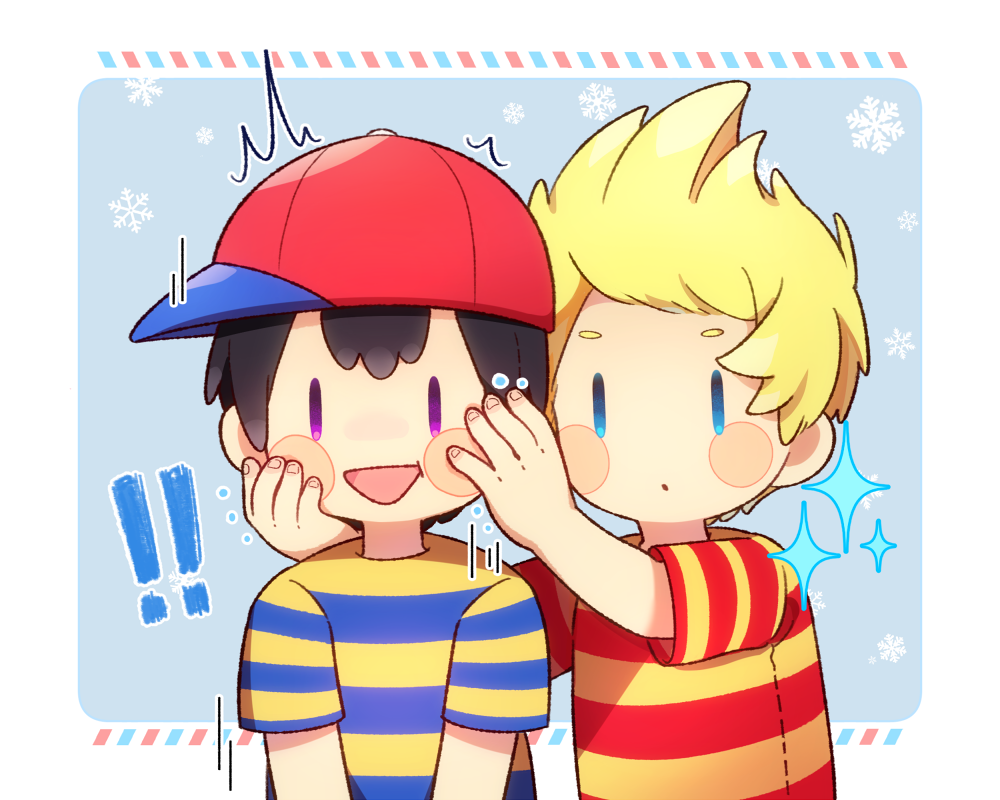 ! !! 0mzum1 2boys :d :o ^^^ baseball_cap black_hair blonde_hair blue_background blue_eyes blue_shirt blush blush_stickers border commentary_request hands_on_another's_face hands_up hat looking_at_another looking_at_viewer lucas_(mother_3) male_focus mother_(game) mother_2 mother_3 multiple_boys ness_(mother_2) open_mouth outside_border purple_eyes quiff red_headwear red_shirt shirt short_hair short_sleeves sideways_hat simple_background smile snowflakes sparkle striped_clothes striped_shirt t-shirt two-tone_shirt upper_body white_border yellow_shirt