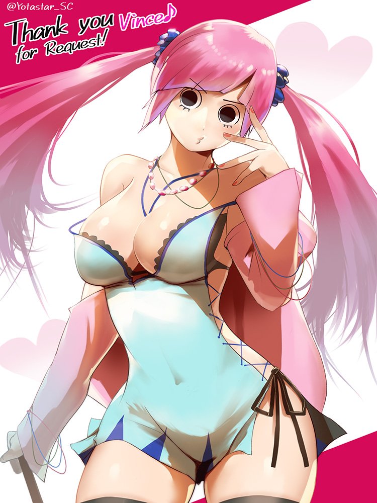 1girl arm_under_breasts bare_shoulders black_bra black_eyes black_thighhighs blue_dress bra bra_strap breasts cleavage commission cosplay covered_navel cross-laced_clothes cross-laced_dress cross-laced_slit curvy digimon digimon_story:_cyber_sleuth dress heart jewelry large_breasts long_hair looking_at_viewer necklace one_piece panties perona pink_hair shiny_skin shiramine_nokia shiramine_nokia_(cosplay) short_dress side-tie_panties sideless_dress sideless_outfit simple_background skeb_commission solo thighhighs tongue tongue_out twintails twitter_username umbrella underwear wide_hips yotastar