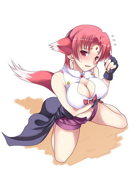 animal_ears arf breast_hold breasts cleavage fox_ears kneeling large_breasts lyrical_nanoha mahou_shoujo_lyrical_nanoha mahou_shoujo_lyrical_nanoha_a's red_hair soba_(saz) solo tail