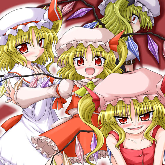blonde_hair bococho clone flandre_scarlet four_of_a_kind_(touhou) red_eyes solo touhou wings