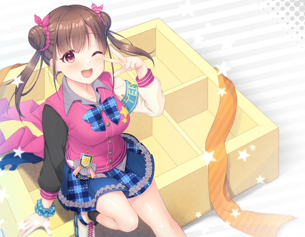 1girl arm_support asymmetrical_sleeves black_socks blue_bow blue_bowtie blue_sash blue_scrunchie blue_skirt blurry blush bow bowtie box breasts brown_hair collarbone depth_of_field dot_nose double_bun emblem frilled_skirt frills hair_bow hair_bun hair_ribbon hand_up idolmaster idolmaster_shiny_colors large_breasts long_hair long_sleeves looking_at_viewer miniskirt mismatched_sleeves mizukoshi_mayu multicolored_clothes multicolored_skirt one_eye_closed open_mouth pink_ribbon plaid plaid_bow plaid_bowtie plaid_skirt polka_dot polka_dot_background print_shirt red_eyes ribbon safety_pin sash scrunchie shirt shoes sitting sitting_on_object skirt smile sneakers socks solo sonoda_chiyoko star_(symbol) star_print striped_background striped_ribbon teeth twintails upper_teeth_only w white_background white_footwear wrist_scrunchie