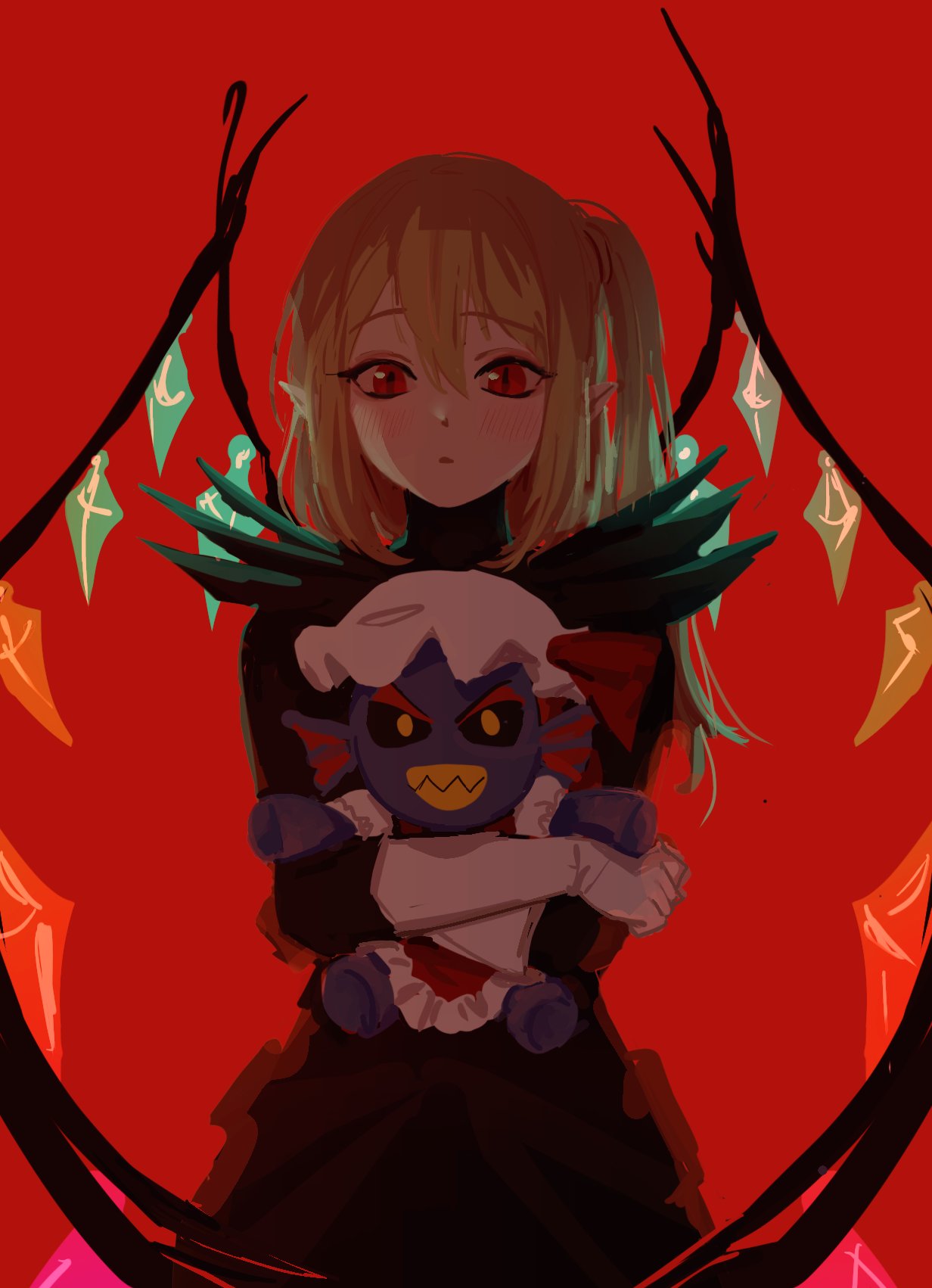 2girls commentary cosplay costume_switch crystal_wings english_commentary fins flandre_scarlet hat head_fins highres himuhino mob_cap multiple_girls pointy_ears red_background red_eyes sharp_teeth simple_background teeth touhou undertale undyne_the_undying white_headwear