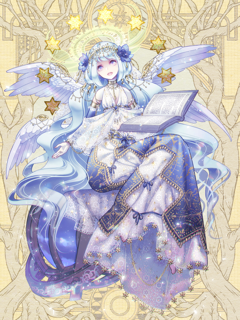 1girl :d angel_wings arabian_clothes armillary_sphere armlet bare_shoulders barefoot beads blue_bridal_gauntlets blue_flower blue_hair blue_skirt book breasts bridal_gauntlets circlet crop_top dairoku_ryouhei flower full_body gold_collar hair_beads hair_flower hair_ornament halo holding holding_book jewelry kawa_k3 lace-trimmed_skirt lace_trim light_blue_hair long_hair long_skirt looking_up low_twintails midriff multiple_wings necklace open_book oversized_object overskirt purple_eyes shawl shirt short_bangs sitting skirt sleeveless sleeveless_shirt small_breasts smile solo star_(symbol) teeth till_loewe twintails upper_teeth_only very_long_hair wavy_hair white_shawl white_shirt white_skirt white_wings wing_ornament wings yellow_background