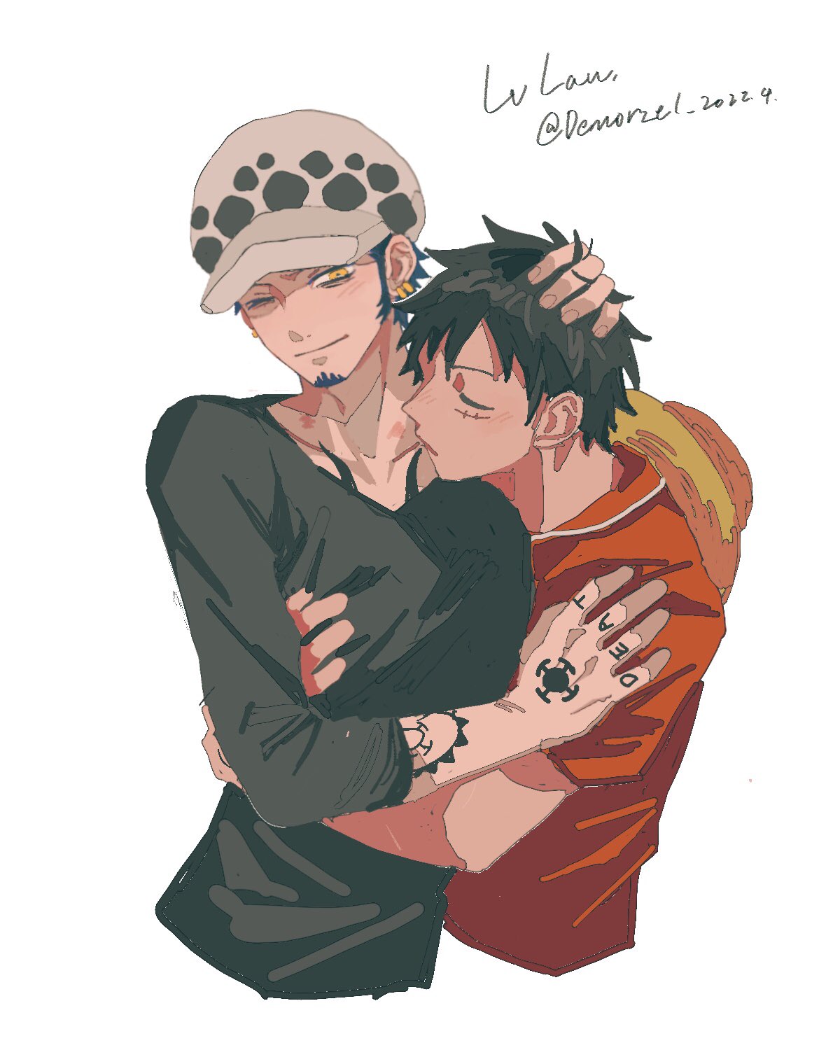 2022 2boys arm_tattoo black_hair black_shirt closed_eyes commentary_request couple cropped_torso dated demorzel earrings facial_hair fur_hat goatee hand_on_another's_shoulder hand_tattoo hand_up hat hickey highres hug jewelry light_blush male_focus monkey_d._luffy multiple_boys one_eye_closed one_piece red_shirt scar scar_on_cheek scar_on_face shirt short_sleeves smile straw_hat tattoo trafalgar_law twitter_username unworn_hat unworn_headwear yaoi yellow_eyes