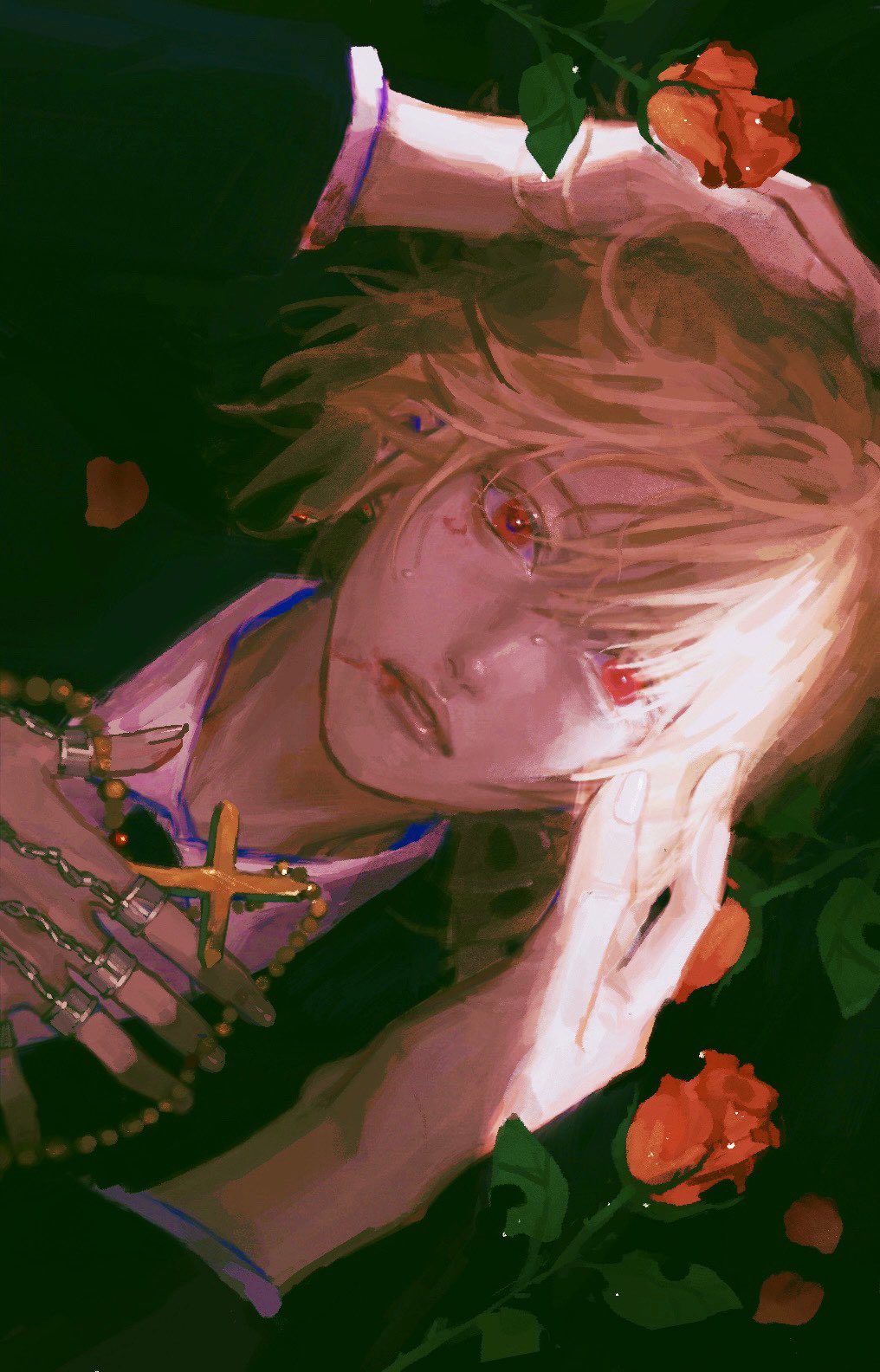 1boy 637_00e_seran black_background black_jacket black_necktie blonde_hair blood blood_on_face chain collared_shirt cross eyelashes flower hand_on_own_chest hand_up hands_on_another's_head highres hunter_x_hunter jacket jewelry kurapika long_sleeves looking_at_viewer lying male_focus multiple_rings necktie on_back out_of_frame petals portrait pov pov_hands red_eyes red_flower red_rose ring rosary rose shirt short_hair sideways solo_focus suit tears white_shirt