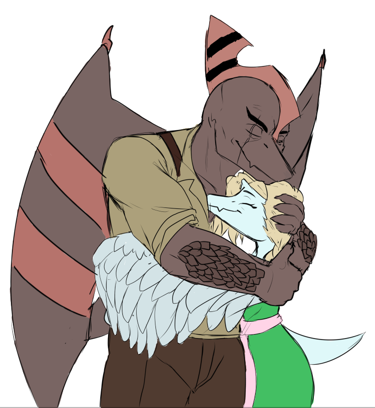 2024 alpha_channel anthro blonde_hair brown_body brown_scales digital_drawing_(artwork) digital_media_(artwork) dinosaur duo embrace feathered_wings feathers female grey_body grey_scales hair head_crest hug husband husband_and_wife male male/female married_couple prometheuzone pterodactylus pterosaur reptile ripley_(snoot_game) samantha_(snoot_game) scales scalie scar short_tail simple_background smile snoot_game snout tail transparent_background using_wings wife wing_hug wings