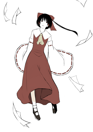 artist_request ascot bare_shoulders black_hair bobby_socks bow detached_sleeves dress full_body hair_bow hakurei_reimu long_hair long_sleeves looking_at_viewer nontraditional_miko paper ponytail red_bow red_dress ribbon-trimmed_sleeves ribbon_trim short_hair short_hair_with_long_locks simple_background socks solo touhou white_background white_legwear wide_sleeves
