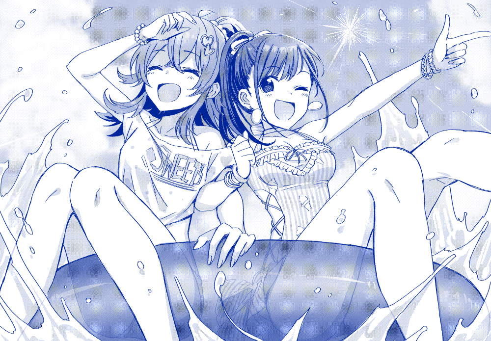 2girls alternate_hairstyle arm_up bare_shoulders bead_bracelet beads blue_theme blush bow bracelet breasts cleavage clenched_hand closed_eyes clothing_cutout cloud collarbone dot_nose earrings frilled_one-piece_swimsuit frills hair_between_eyes hair_bow hair_ornament hair_ribbon heart heart_hair_ornament idolmaster idolmaster_shiny_colors innertube jewelry kamekoya_sato komiya_kaho large_breasts locked_arms long_hair looking_at_viewer medium_breasts monochrome multiple_bracelets multiple_girls one-piece_swimsuit one_eye_closed open_mouth outdoors pointing ponytail ribbon shirt short_sleeves side_cutout single_off_shoulder sitting sky smile sonoda_chiyoko splashing sun sunlight swim_ring swimsuit transparent_innertube water
