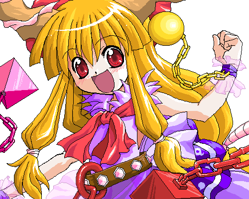 bangs belt blush chain clenched_hand eyebrows eyebrows_visible_through_hair horns ibuki_suika long_hair lowres narumi_yuzurai open_mouth orange_hair red_eyes smile solo torn_clothes torn_sleeves touhou wrist_cuffs