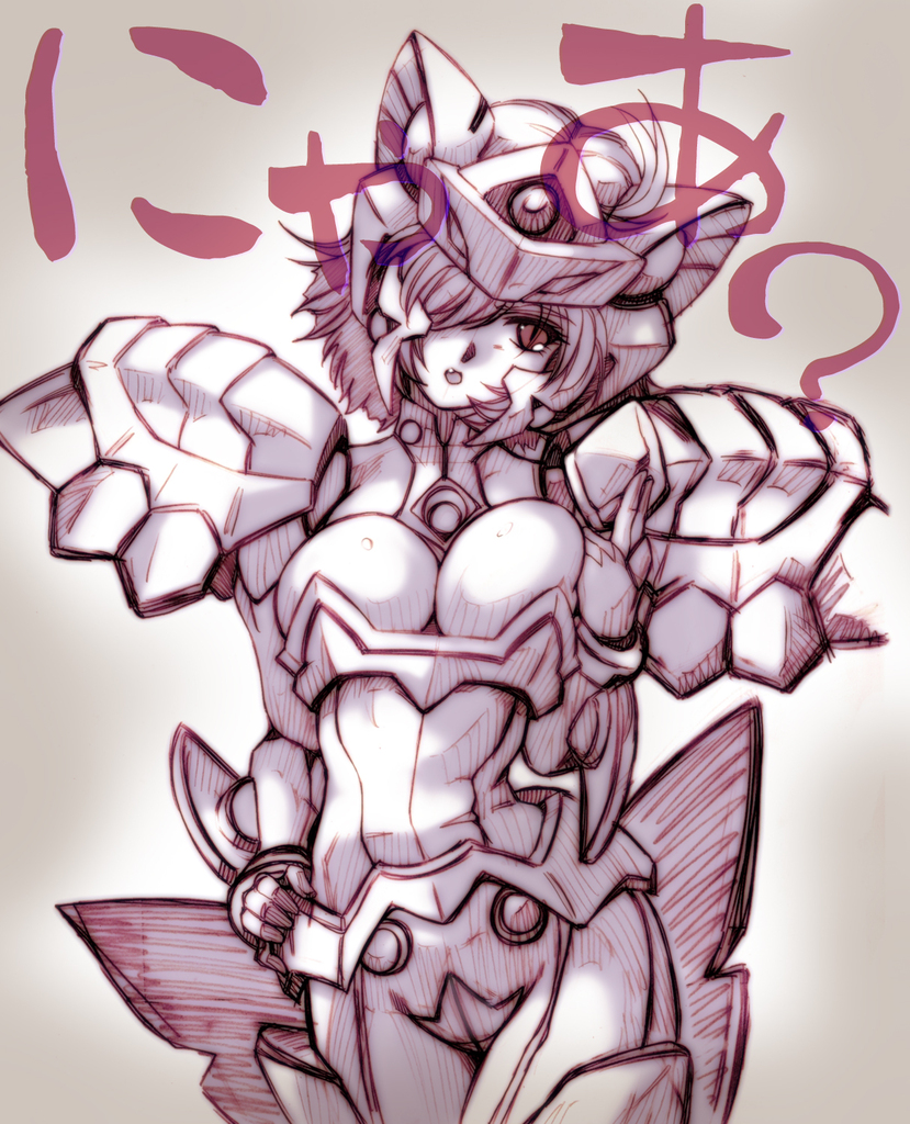 breasts emmy fang hair_over_one_eye hand_on_hip hisahiko large_breasts monochrome purple short_hair shouko_azuma solo super_robot_wars super_robot_wars_original_generation_gaiden translated