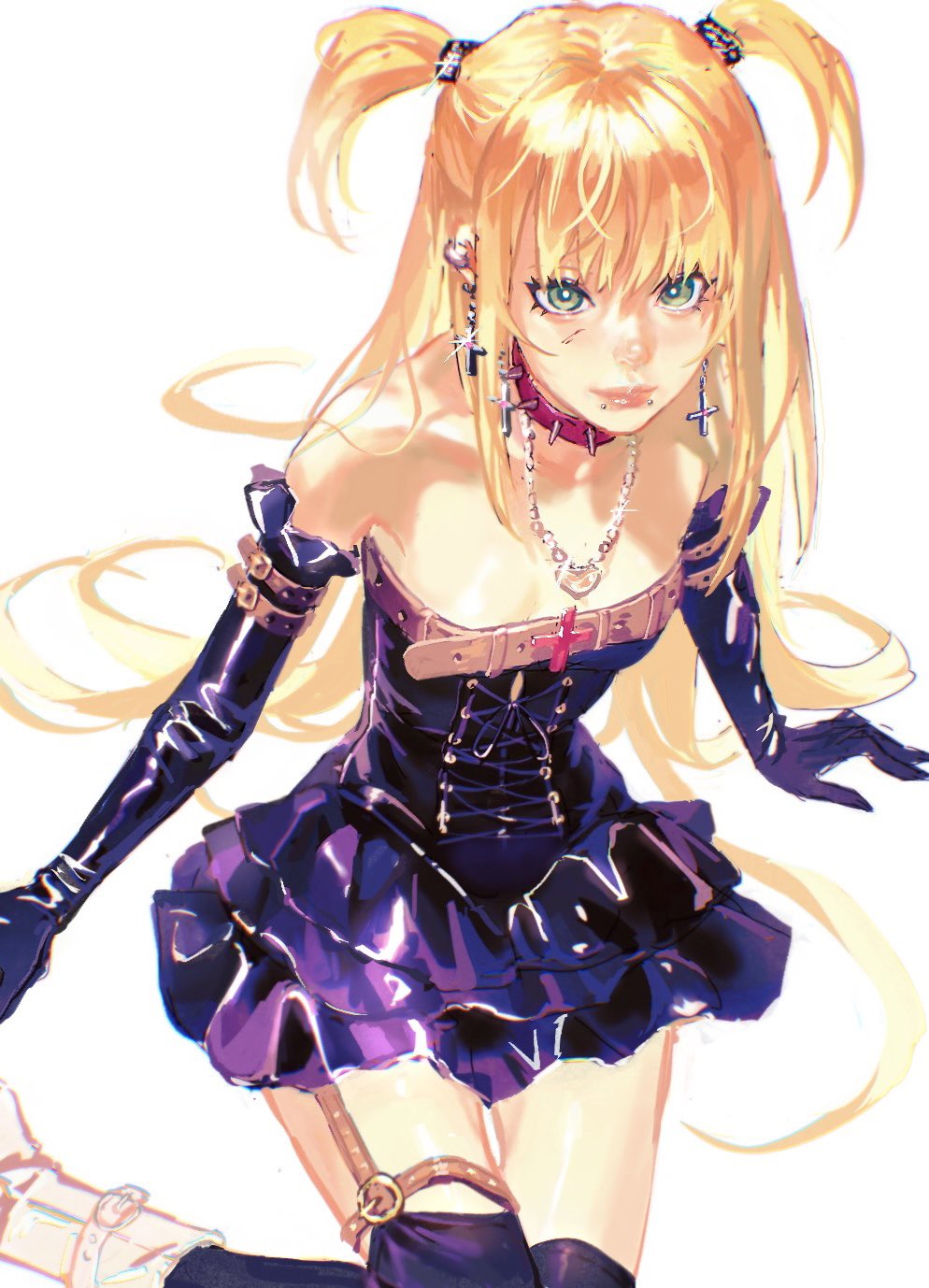 1girl 637_00e_seran amane_misa arm_belt arm_support arms_at_sides bare_shoulders blonde_hair boots breasts chain chain_necklace collar commentary cross cross-laced_clothes cross-laced_dress cross_earrings death_note dress earrings elbow_gloves from_above garter_straps glint gloves green_eyes highres inverted_cross jewelry labret_piercing long_hair looking_at_viewer multiple_earrings necklace piercing pleated_dress purple_dress purple_gloves purple_thighhighs shiny_clothes short_dress sitting small_breasts solo spiked_collar spikes strapless strapless_dress thigh_gap thighhighs two_side_up very_long_hair white_footwear
