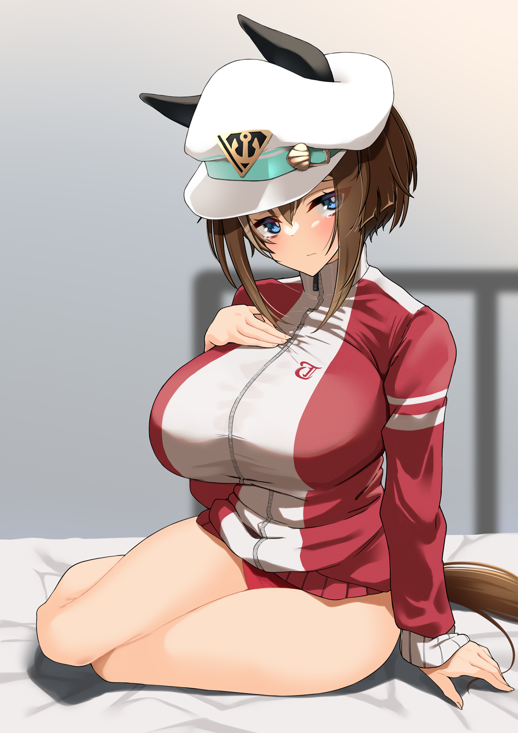 1girl animal_ears bare_legs blue_eyes blurry blurry_background breasts brown_hair cheval_grand_(umamusume) closed_mouth commentary ear_covers ears_through_headwear english_commentary hat highres horse_ears horse_girl horse_tail huge_breasts jacket komb long_sleeves looking_at_viewer short_hair sidelocks sitting tail track_jacket track_suit umamusume white_headwear
