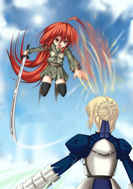 ahoge armor artist_request artoria_pendragon_(all) battle crossover duel fate/stay_night fate_(series) multiple_girls red_hair saber shakugan_no_shana shana sword thighhighs trait_connection weapon