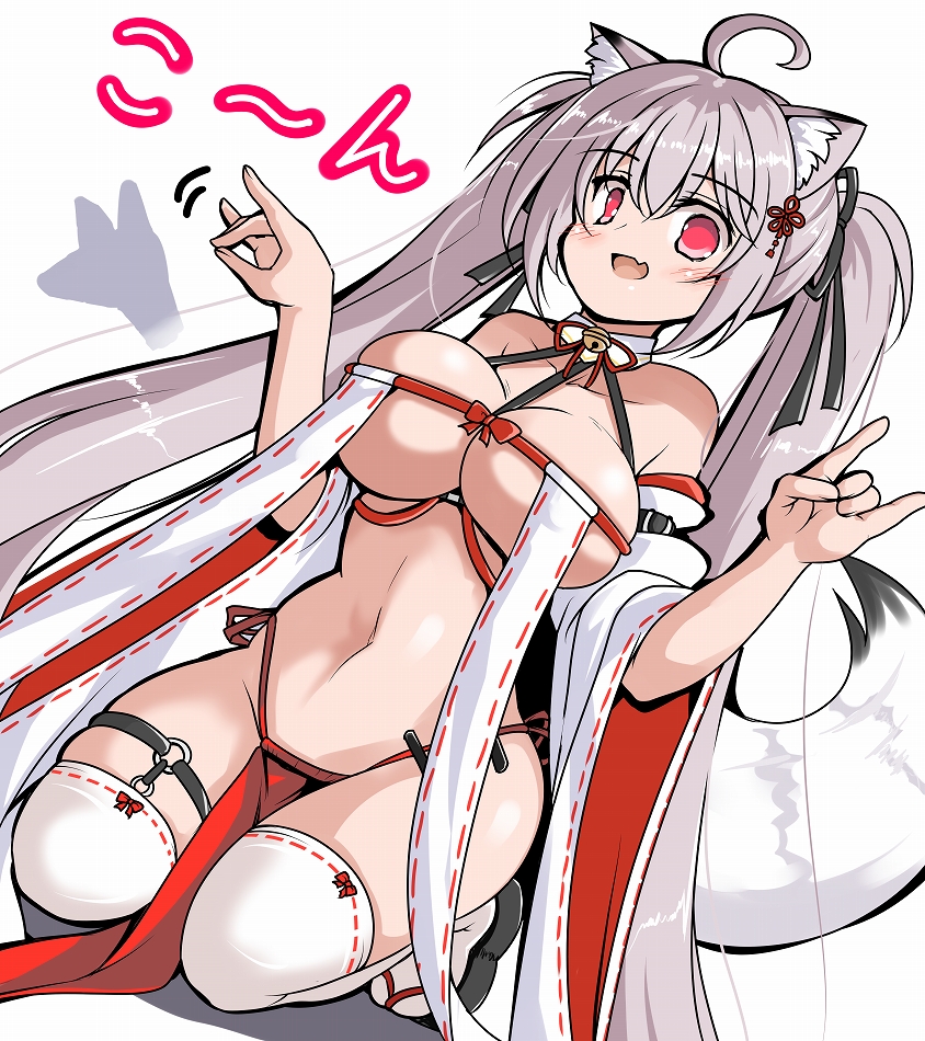 ahoge animal_ears bare_shoulders bell blush breasts character_request choker fang fox_ears fox_shadow_puppet fox_tail grey_hair hair_ribbon jingle_bell kneeling large_breasts long_hair monster_musume_td navel open_mouth panties red_eyes red_panties ribbon sandals side-tie_panties skin_fang smile tail thighhighs tsuzuri_(tuzuri) twintails underwear very_long_hair