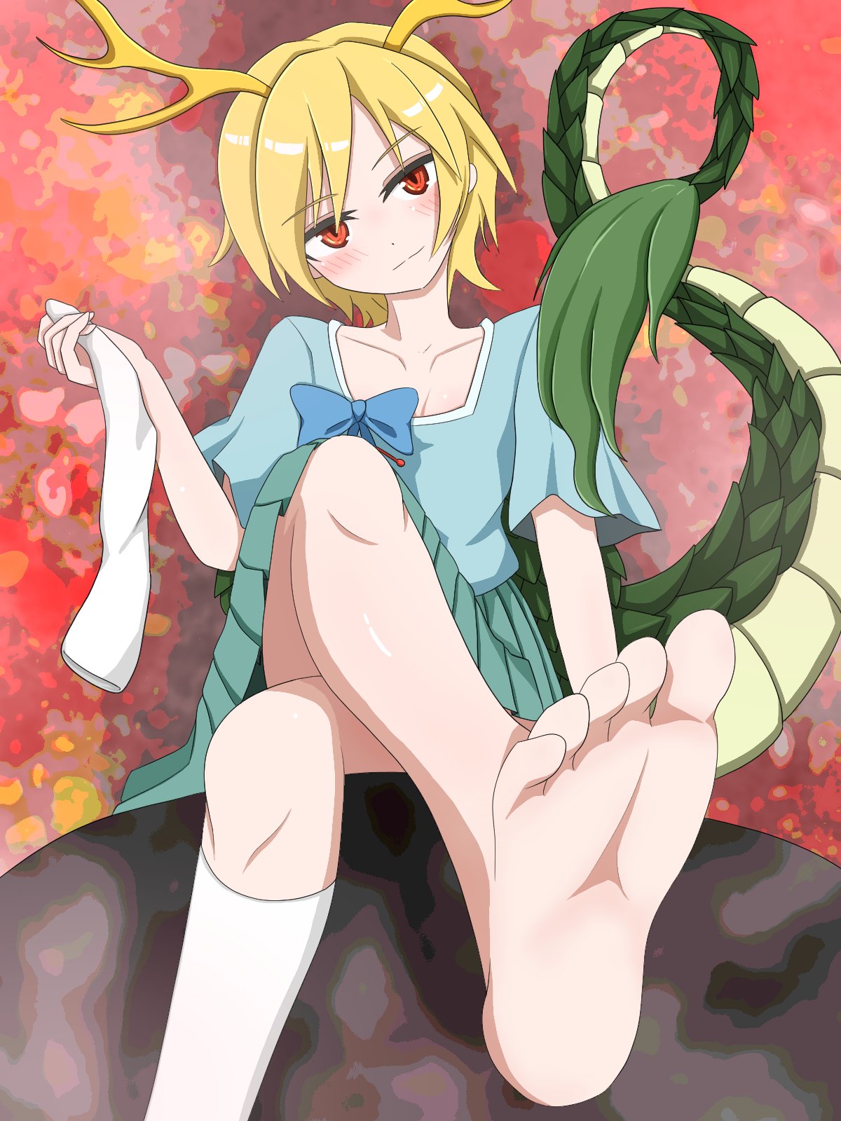 antlers bare_legs barefoot blonde_hair blue_shirt dragon_girl dragon_horns dragon_tail highres horns kicchou_yachie red_eyes sannkametaro shirt short_hair soles square_neckline tail toes touhou turtle_shell yellow_horns