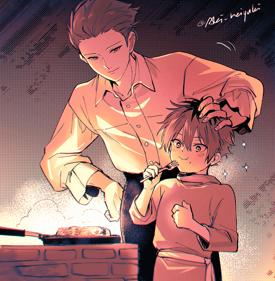 2boys aged_down aki_(neyuki41028) brothers child closed_mouth collared_shirt dress_shirt eating food food_on_face fork frying_pan hair_between_eyes hair_slicked_back hand_on_another's_head hand_on_own_hip hand_up happy headpat holding holding_fork long_sleeves looking_ahead looking_at_another male_focus meat multicolored_hair multiple_boys pants sash shirt short_hair siblings smile sousou_no_frieren sparkle spiked_hair standing stark_(sousou_no_frieren) stoltz_(sousou_no_frieren) stove streaked_hair twitter_username wavy_mouth