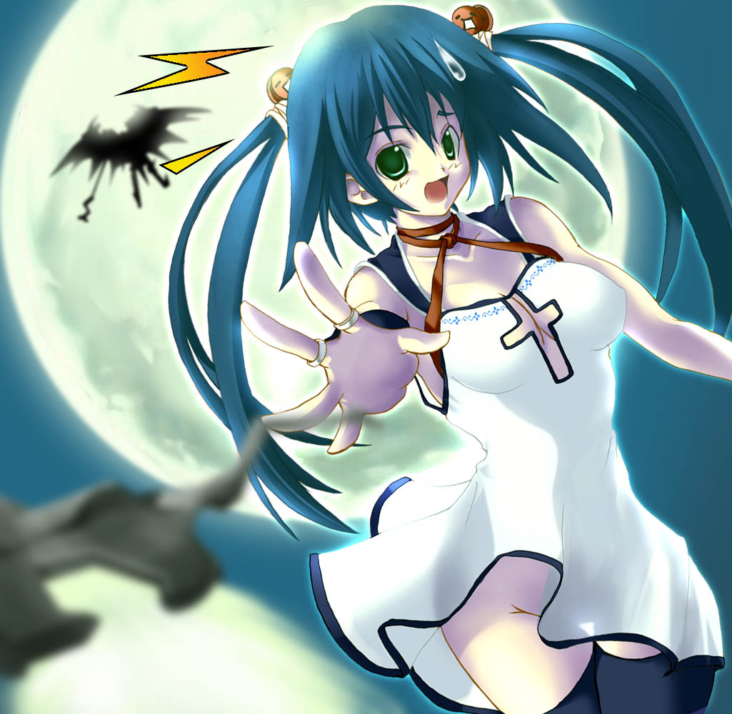 blue_hair copyright_request green_eyes moon no_panties soba_(saz) solo twintails