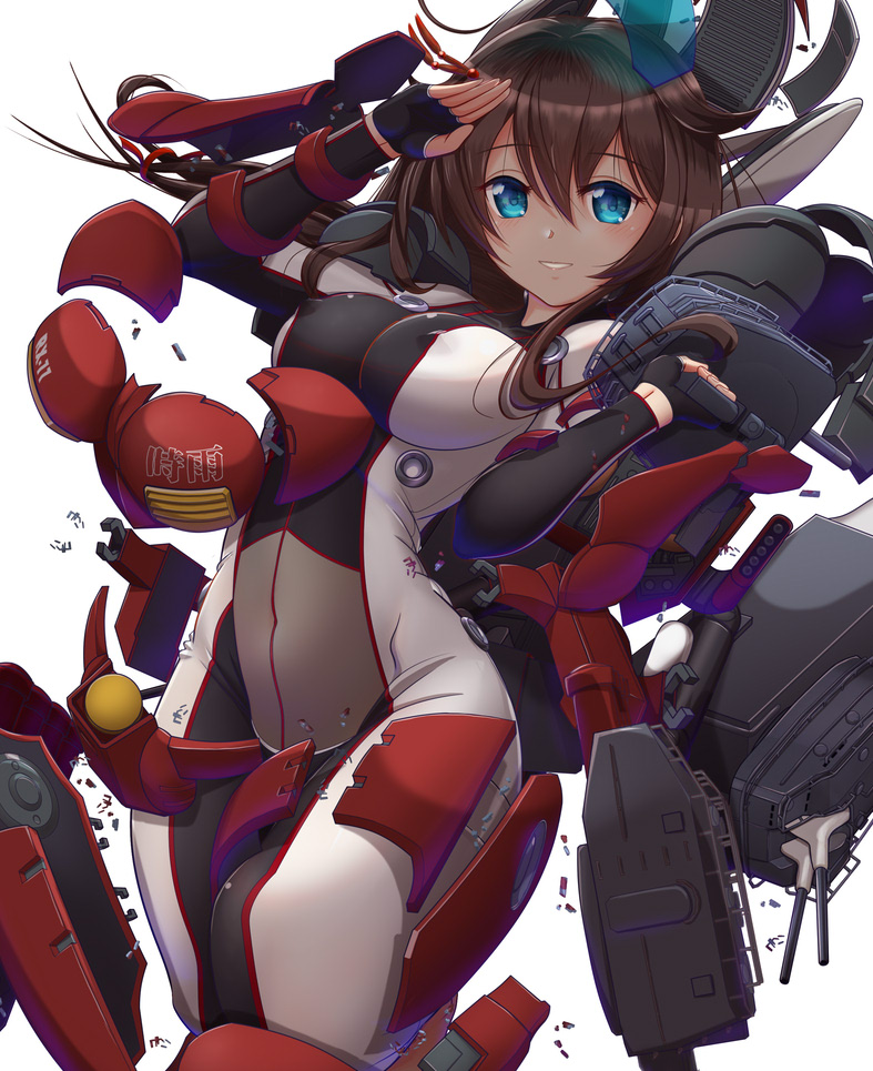 1girl adapted_costume armor black_bodysuit black_gloves black_hair blue_eyes bodysuit braid breasts cowboy_shot fingerless_gloves gloves hair_flaps hair_over_shoulder hashtag_only_commentary kantai_collection long_hair mecha_musume medium_breasts moke_ro parted_lips pilot_suit salute shigure_(kancolle) shigure_kai_san_(kancolle) simple_background single_braid smile solo white_background