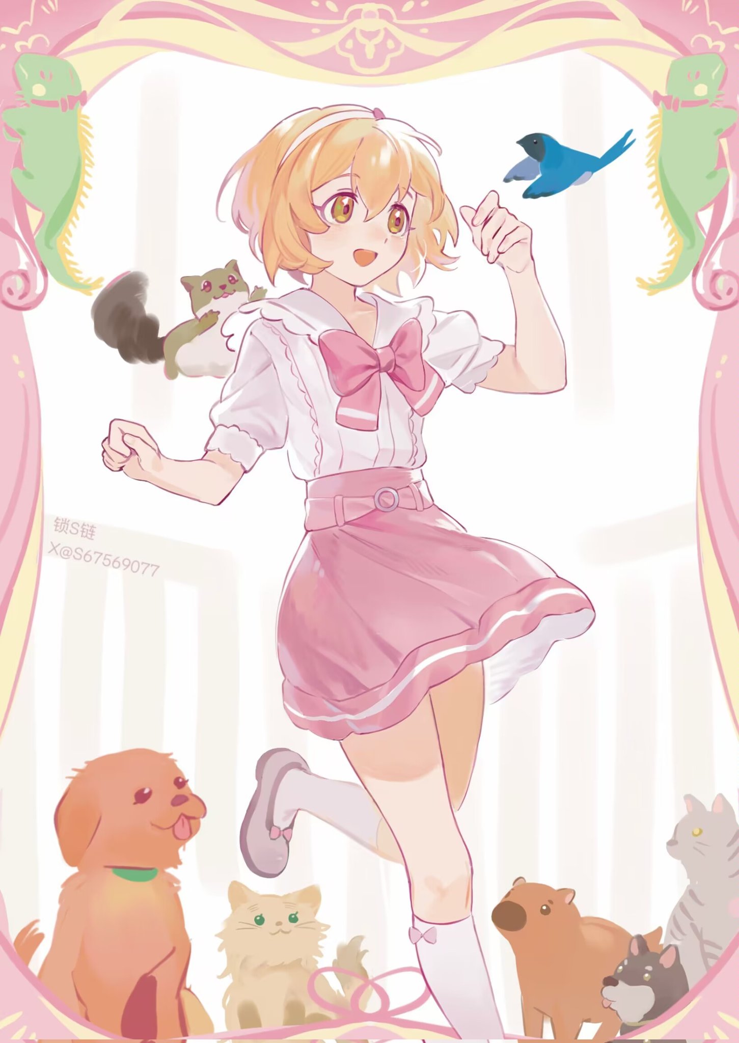 1girl bird blonde_hair blue_bird blush bow bowtie brown_eyes cat dog foot_up hairband highres idolmaster idolmaster_cinderella_girls idolmaster_cinderella_girls_u149 iguana koga_koharu open_mouth pink_bow pink_bowtie pink_skirt s67569077 shirt short_hair short_sleeves skirt smile socks solo squirrel white_shirt white_socks