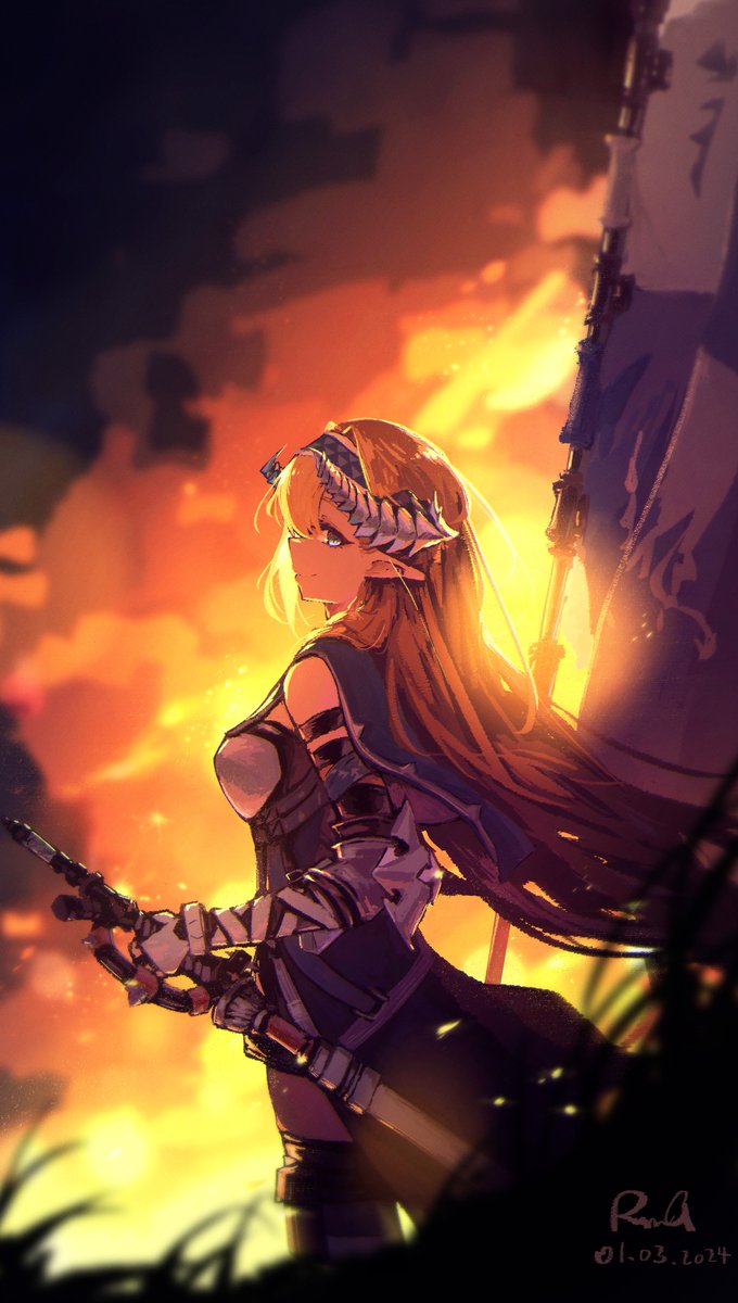1girl arknights armor black_pants blonde_hair blue_eyes blue_hairband breastplate closed_mouth couter cowboy_shot dated fire flag from_side grass hair_between_eyes hairband hand_on_hilt highres holding holding_flag holding_sword holding_weapon horns long_hair looking_at_viewer pants pointy_ears profile rnna saileach_(arknights) sideways_glance signature smile smoke solo standard_bearer sword vambraces weapon