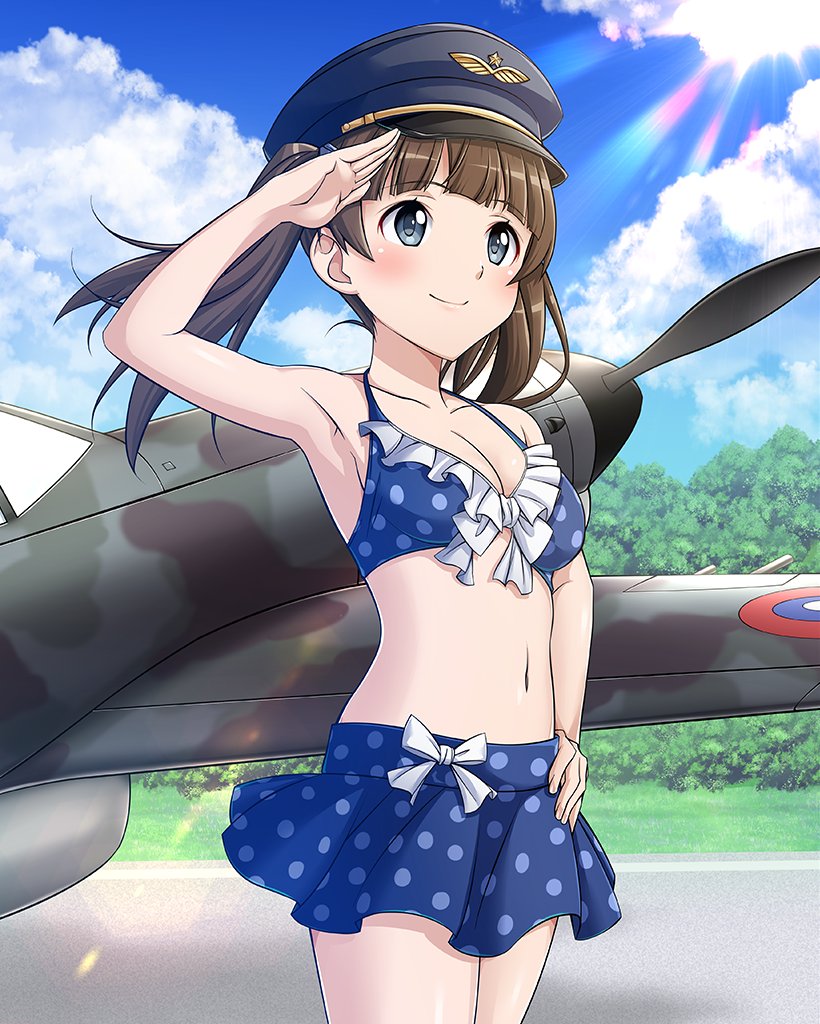 1girl aircraft airplane armpits bikini bikini_skirt blue_eyes blush brave_witches breasts brown_hair cleavage closed_mouth georgette_lemare hand_on_own_hip hat long_hair military_hat navel non-web_source official_art outdoors salute sky small_breasts smile solo swimsuit twintails world_witches_series