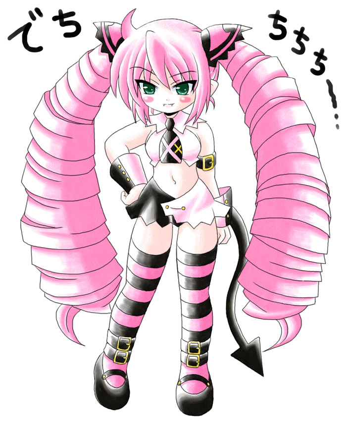 ankle_strap arm_strap artist_request bangs bare_shoulders black_legwear blush_stickers breasts buckle crop_top demon_girl demon_tail drill_hair esmerelda fang_out fangs full_body green_eyes hand_on_hip long_hair looking_at_viewer mary_janes midriff miniskirt necktie pink_hair pink_legwear pointy_ears saint_october shoes sideboob skirt small_breasts solo standing striped striped_legwear tail thighhighs translation_request twin_drills very_long_hair wrist_cuffs zettai_ryouiki