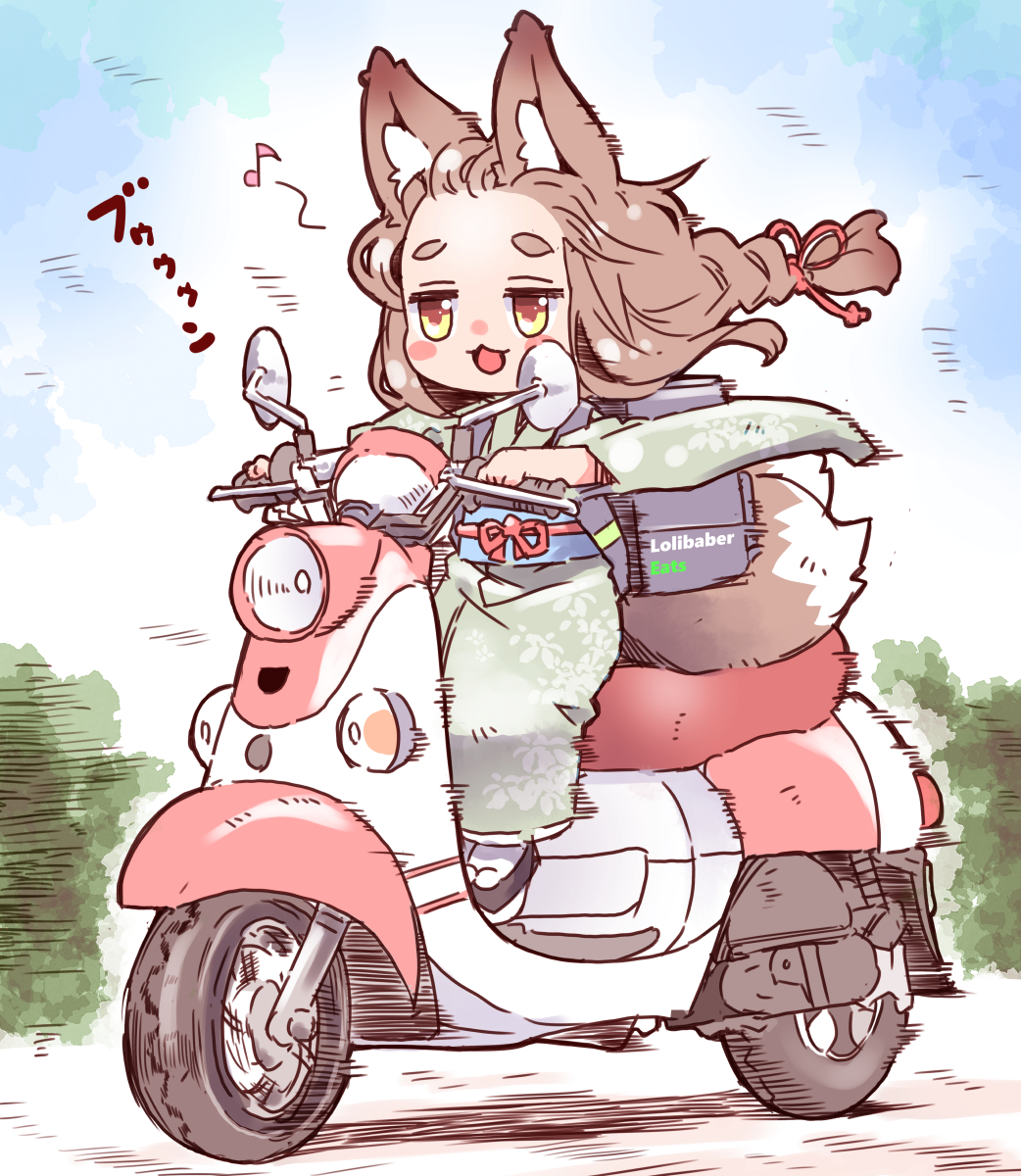 1girl :3 animal_ears blush_stickers braid braided_ponytail brand_name_imitation brown_hair commentary day driving english_commentary floating_hair floral_print floral_print_kimono food_delivery_box forehead fox_ears fox_tail full_body green_kimono hair_ribbon highres hikimayu japanese_clothes jitome kimono kitsune lolibaba looking_ahead moped motion_lines motor_vehicle multiple_tails nomeoil obi obijime okobo open_mouth original outdoors red_ribbon ribbon sandals sash shoulder_strap smile solo tabi tail uber_eats whistling wide_sleeves yellow_eyes