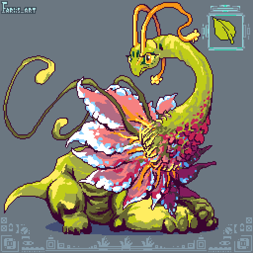 ambiguous_gender antennae_(anatomy) digital_media_(artwork) fariisart feral generation_2_pokemon green_body meganium nintendo petals pixel_(artwork) plant pokemon pokemon_(species) signature solo symbol tail vines yellow_sclera