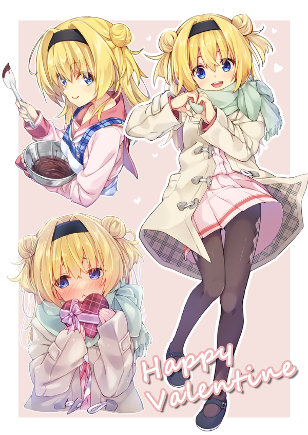 1girl :&lt; :d akishisu_(air_balance) apron black_footwear black_hairband black_pantyhose blonde_hair blue_apron blue_eyes blush border box c: chitose_sana chocolate closed_mouth coat commentary_request cooking cropped_torso double_bun embarrassed full_body gift grey_coat hair_between_eyes hair_bun hair_intakes hairband hands_up happy happy_valentine heart heart-shaped_box heart_hands holding holding_gift light_brown_background long_hair long_sleeves looking_at_viewer looking_to_the_side mary_janes miniskirt multiple_views nose_blush open_mouth pantyhose pink_serafuku pink_skirt plaid plaid_apron pleated_skirt red_sailor_collar round_teeth sailor_collar school_uniform serafuku shoes simple_background skirt sleeves_past_wrists smile solo teeth tenshinranman thigh_gap two_side_up upper_body upper_teeth_only valentine white_border winter_clothes