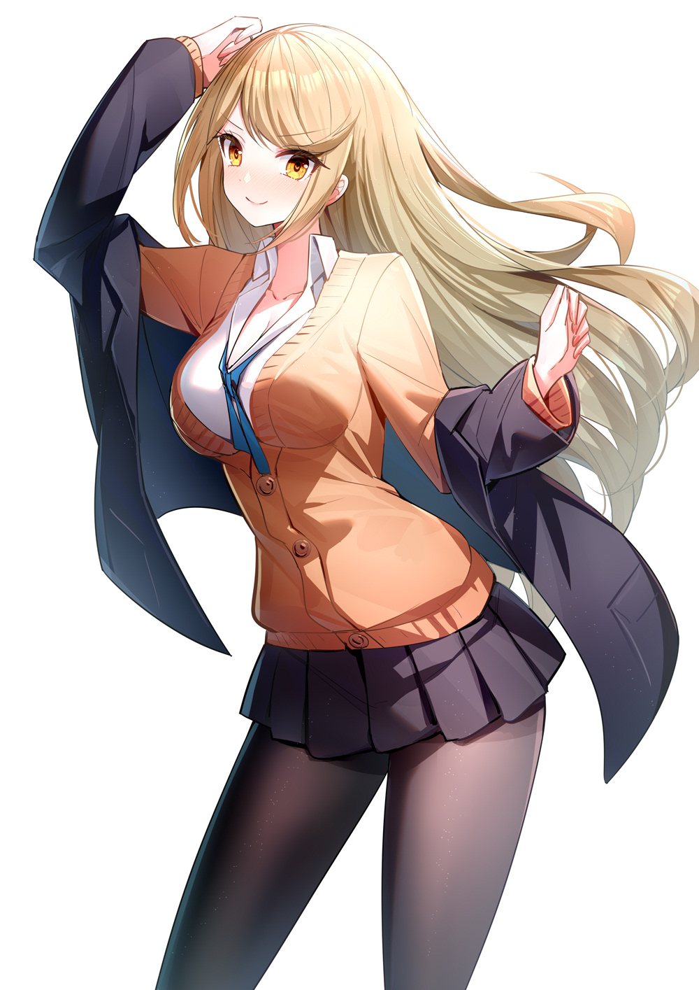 1girl alternate_costume arm_up black_coat black_pantyhose black_skirt blonde_hair blush breasts brown_cardigan cardigan cleavage closed_mouth coat collared_shirt commentary highres large_breasts long_hair looking_at_viewer mythra_(xenoblade) pantyhose pleated_skirt ririko_(zhuoyandesailaer) school_uniform shirt simple_background skirt solo white_background white_shirt xenoblade_chronicles_(series) xenoblade_chronicles_2 yellow_eyes