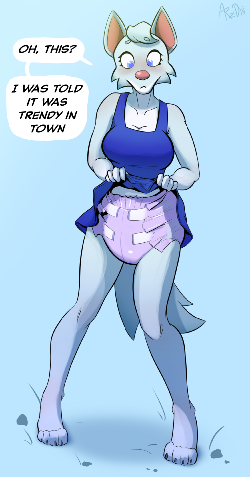 animal_crossing anthro arzdin blush bottomwear canid canine canis claws clothed clothing clothing_lift dialogue diaper diaper_under_skirt female looking_down mammal nintendo paws presenting_diaper skirt skirt_lift solo speech_bubble standing underwear whitney_(animal_crossing) wolf