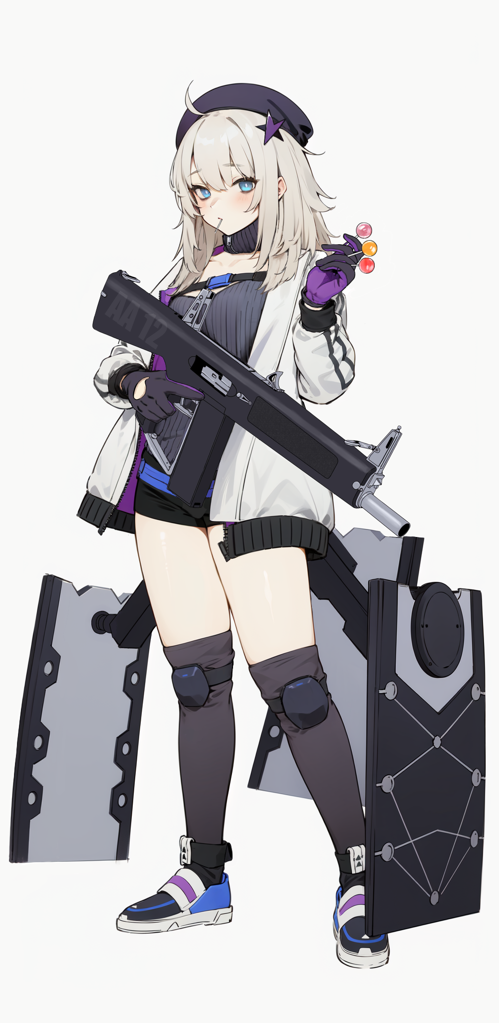 1girl aa-12 aa-12_(girls'_frontline) ahoge ai-assisted beanie black_gloves black_headwear black_shorts black_socks blue_eyes candy food food_in_mouth full_body girls'_frontline gloves grey_hair gun hair_ornament hat highres holding holding_candy holding_food holding_gun holding_lollipop holding_weapon jacket knee_pads lollipop medium_hair open_clothes open_jacket over-kneehighs purple_gloves shield shield_module shoes short_shorts shorts shotgun socks solo star_(symbol) star_hair_ornament thighhighs trigger_discipline turtleneck two-tone_gloves weapon white_background white_jacket zenge_hd