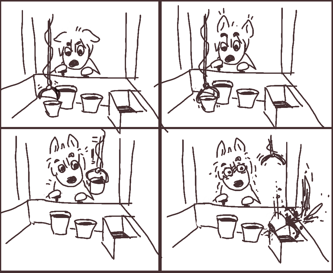 anthro beverage black_and_white canid canine canis claw_machine coffee comic container controller cup danoodle domestic_dog hopeful loss_outcome male mammal monochrome solo spill spilled_beverage spilled_coffee spilled_drink spilled_liquid spilling stress stressed taylor_(danoodle) tension