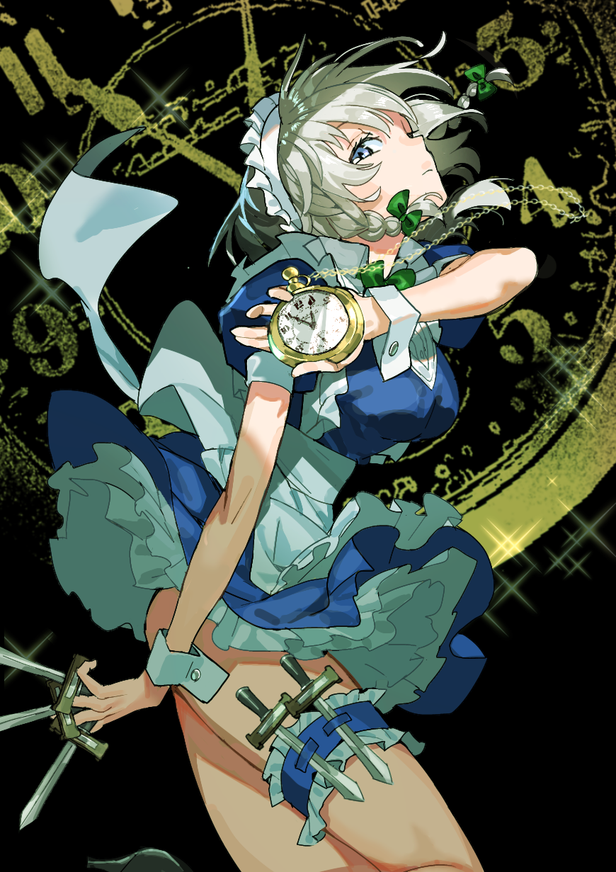 1girl apron black_background blue_dress blue_eyes bow bowtie braid breasts bridal_garter chain closed_mouth collared_dress dress feet_out_of_frame flat_chest grey_hair hair_bow head_tilt highres holding holding_knife holding_stopwatch izayoi_sakuya knife koppe_koppe looking_at_viewer maid_headdress short_dress short_hair small_breasts solo sparkle stopwatch touhou waist_apron wrist_cuffs