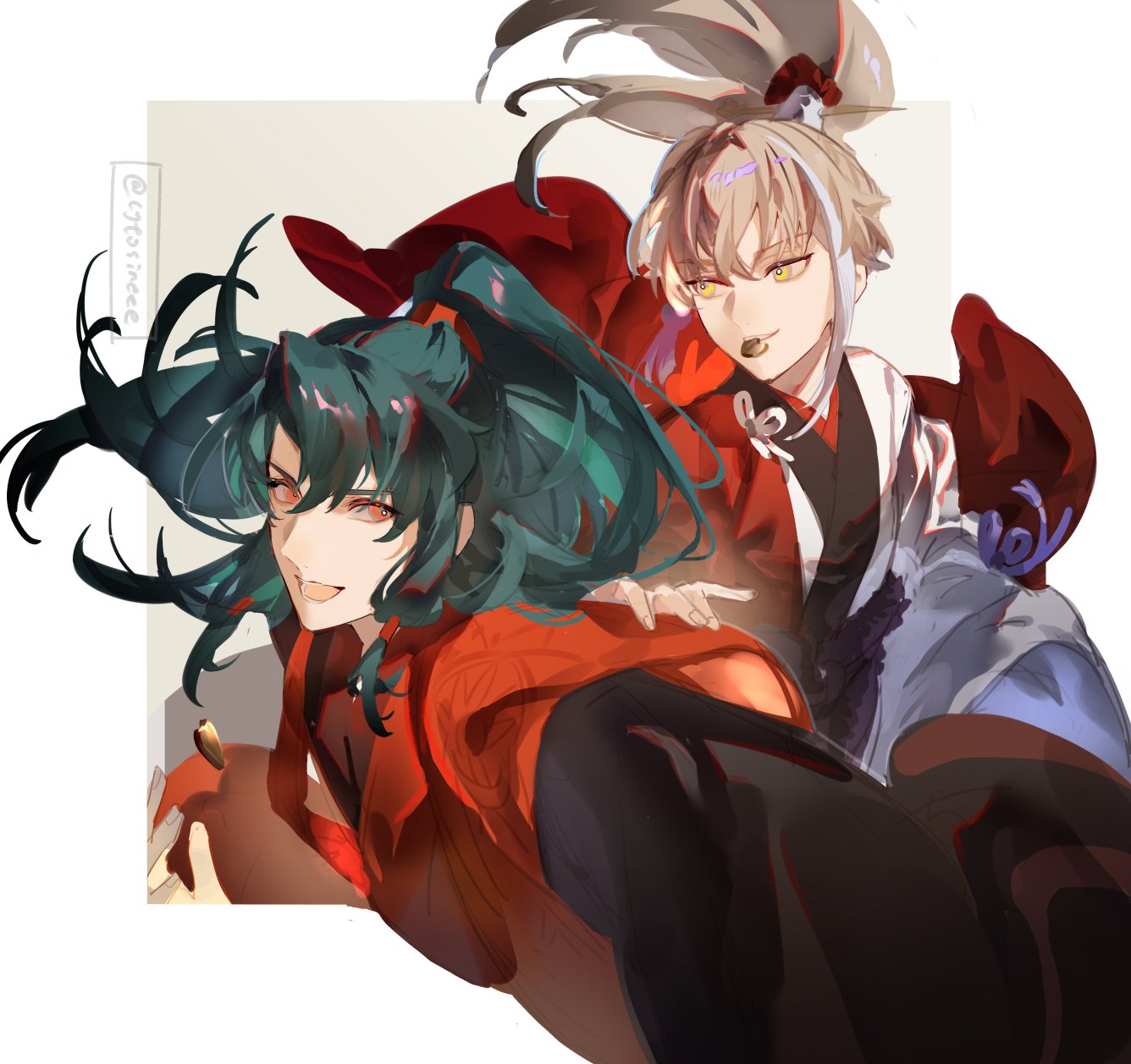 2boys archer_(fate/samurai_remnant) candy chinese_clothes chinese_hairpin chocolate cytosineee fate/samurai_remnant fate_(series) food food_in_mouth green_hair grey_hair hair_tubes half_updo hand_on_another's_shoulder hanfu heart heart-shaped_chocolate high_ponytail highres long_hair long_sleeves looking_at_viewer multicolored_hair multiple_boys open_mouth red_eyes smile twitter_username upper_body white_background wide_sleeves yellow_eyes zheng_chenggong_(fate)