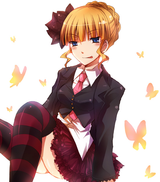 beatrice necktie pink_neckwear solo striped striped_legwear suzushiro_kurumi thighhighs umineko_no_naku_koro_ni zettai_ryouiki