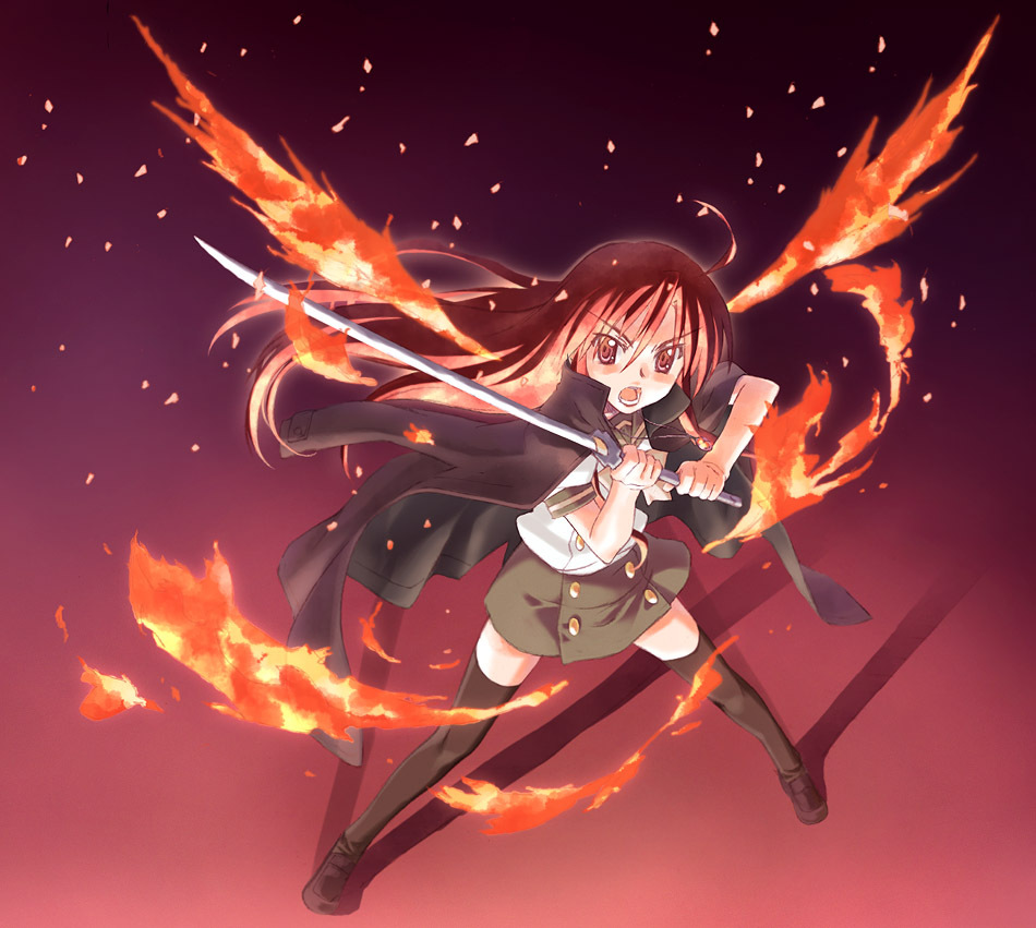 alastor_(shakugan_no_shana) artist_request battle fiery_wings fire jewelry pendant red_hair shakugan_no_shana shana solo sword thighhighs weapon wings