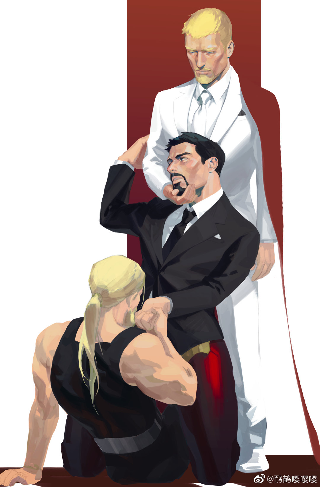 3boys artist_request bara black_tank_top blonde_hair character_request check_character cheekbones hand_on_another's_chin highres husband_and_husband_and_husband kiss kissing_hand kneeling male_focus mature_male multiple_boys muscular muscular_male short_hair suit tank_top thick_eyebrows thor_(marvel) tony_stark two-tone_background white_suit