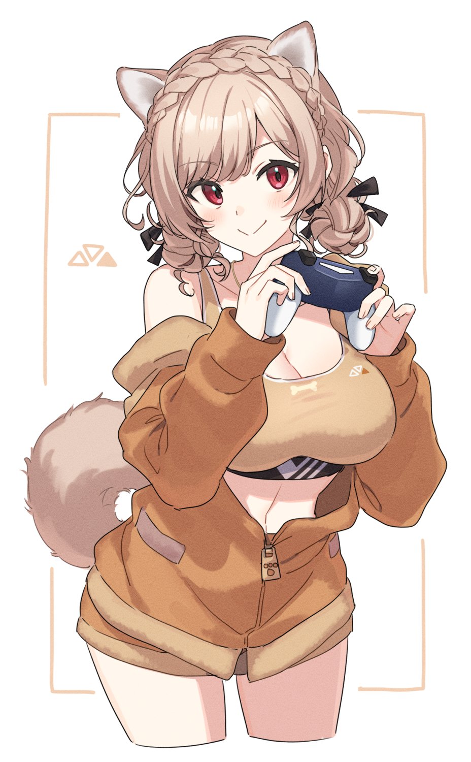 1girl animal_ears black_bow bone_print bow braid breasts brown_hair brown_shorts brown_sports_bra cleavage controller cropped_legs dog_ears dog_tail furen_e_lustario furen_e_lustario_(5th_costume) game_controller hair_bow hands_up highres holding holding_controller holding_game_controller jacket large_breasts long_hair looking_at_viewer nijisanji paw_print red_eyes shorts simple_background smile solo sports_bra tail tooru_(jux) very_low_bun virtual_youtuber white_background
